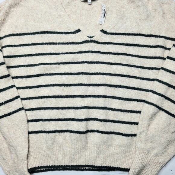 Madewell Wedged V Neck Sweater Luxury Forest Stripe Beige Green Cotton Medium - Picture 6 of 9